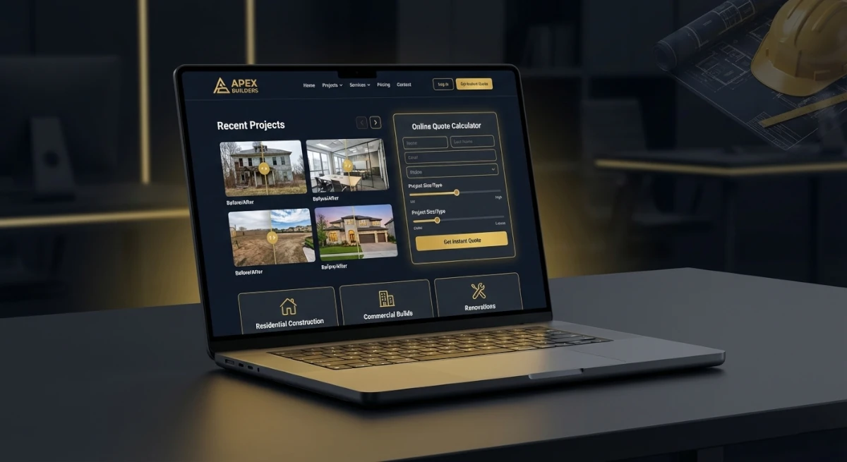 Mockup strony internetowej firmy budowlanej z kalkulatorem kosztów