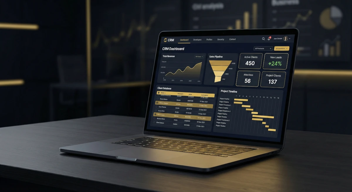 Mockup systemu CRM dla agencji - dashboard z metrykami biznesowymi
