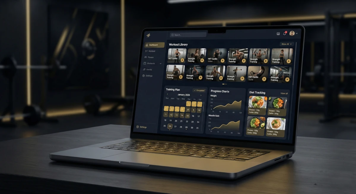 Mockup platformy fitness online - biblioteka treningów i planów diet