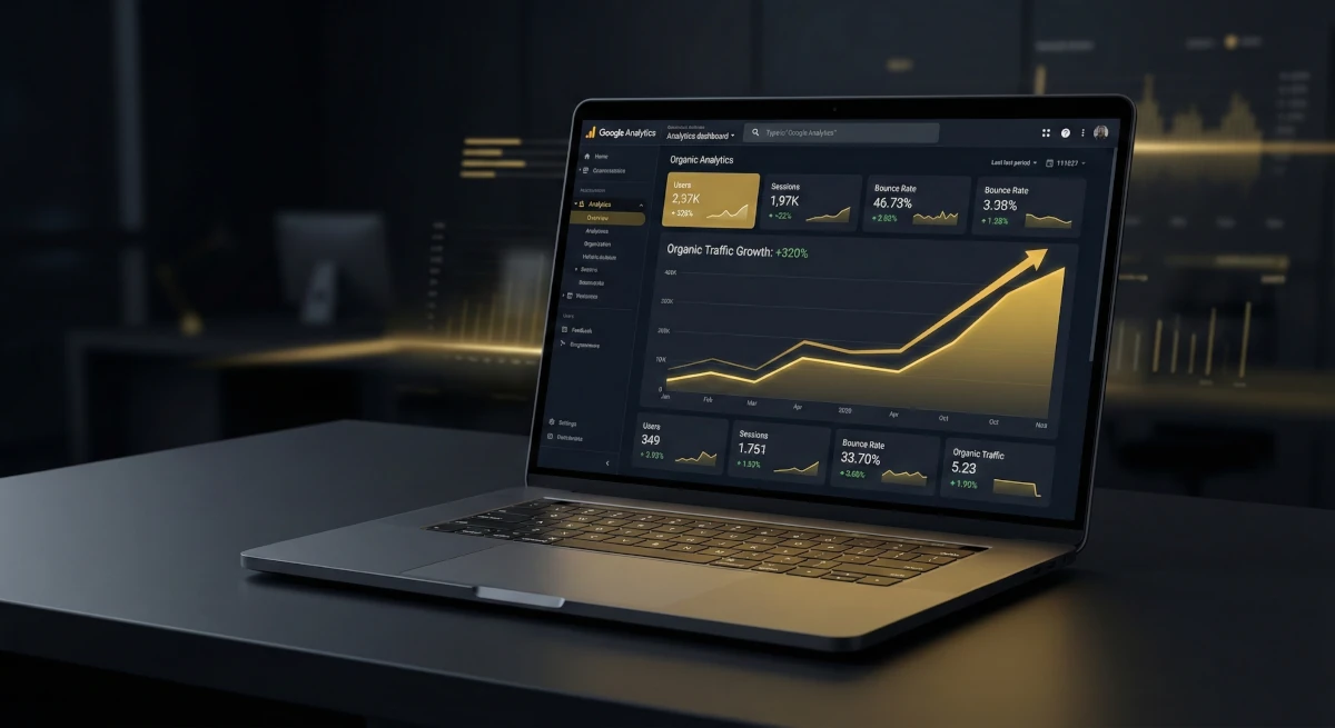 Mockup wyników SEO e-commerce - dashboard Google Analytics pokazujący wzrost ruchu o 320%