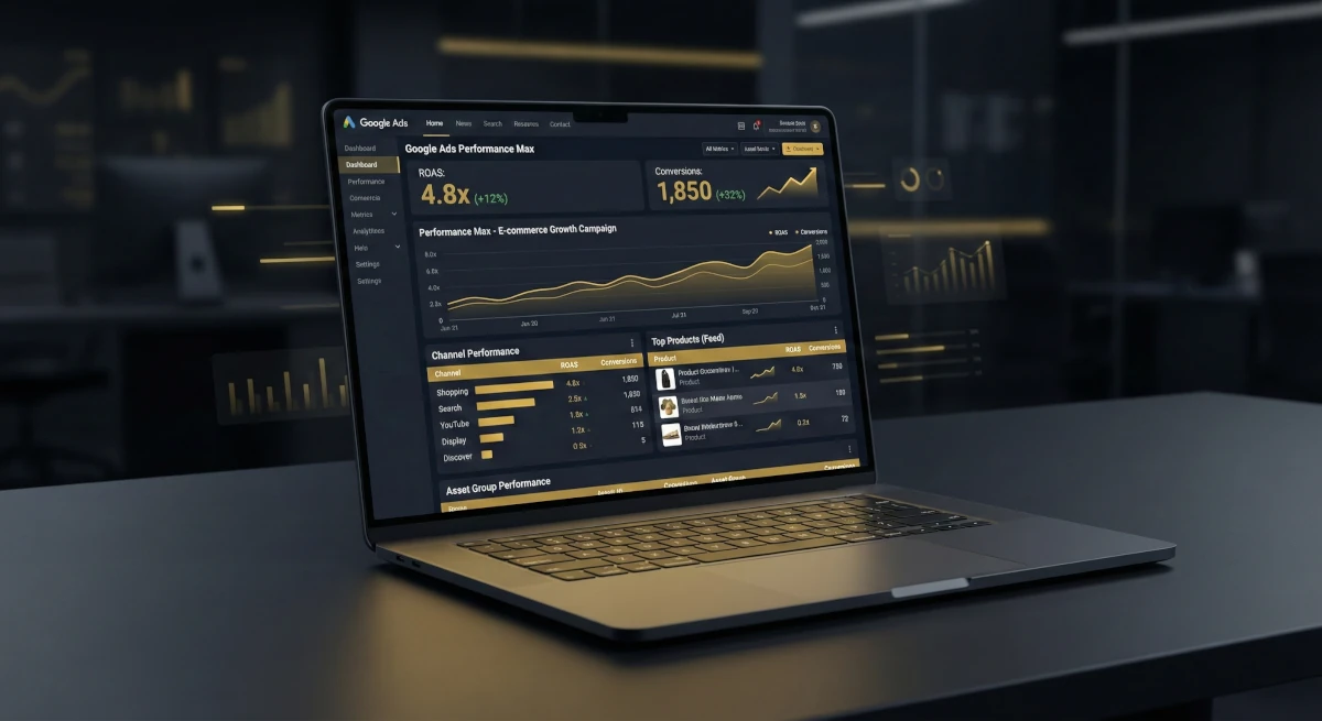 Mockup kampanii Google Ads Performance Max - wyniki ROAS 4.8 dla sklepu e-commerce