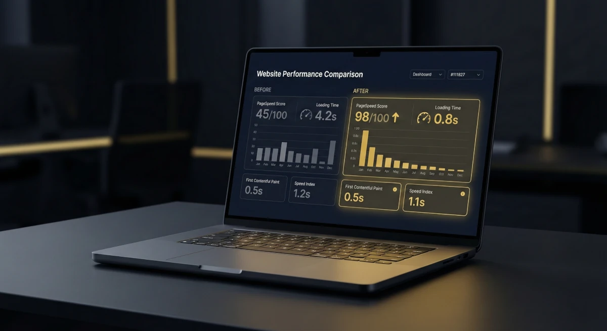 Mockup dashboardu optymalizacji - wyniki migracji hostingu z poprawą prędkości do 0.8s