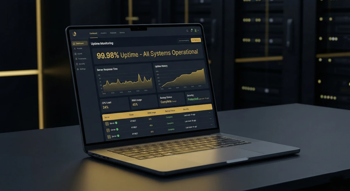 Mockup dashboardu monitoringu hostingu - 99.98% uptime przez 18 miesięcy